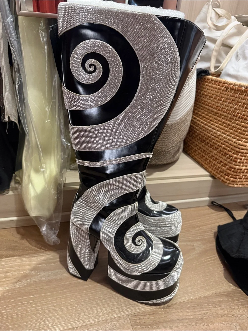 Dolls Kill x Current Mood Black and Silver Spiral Platform Over-the-Knee Boots